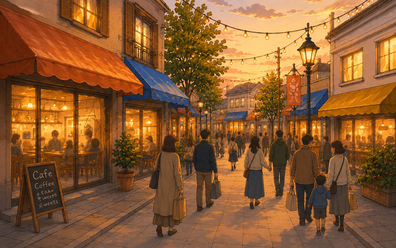 明るい商店街の通りのイラスト