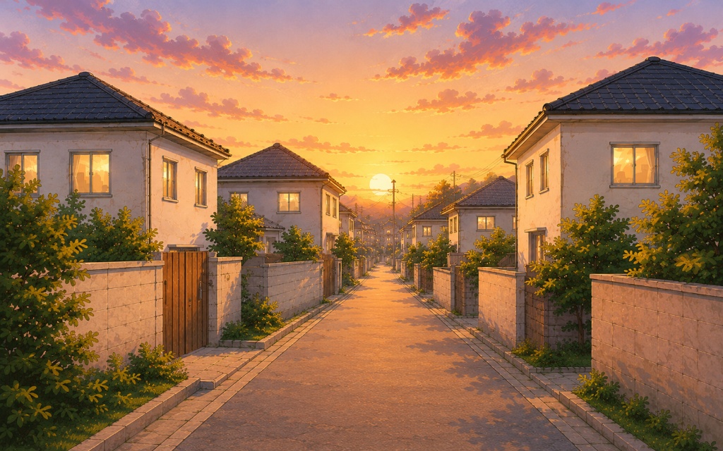 静かな住宅街の路地のイラスト